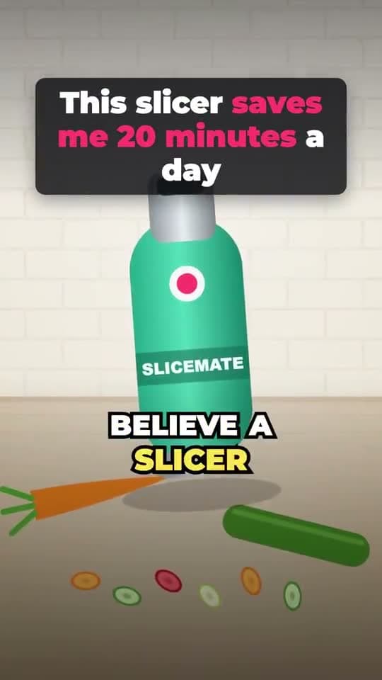 Frame of a sample template video: a vegetable slicer on a kitchen counter under the headline “This slicer saves me 20 minutes a day”.